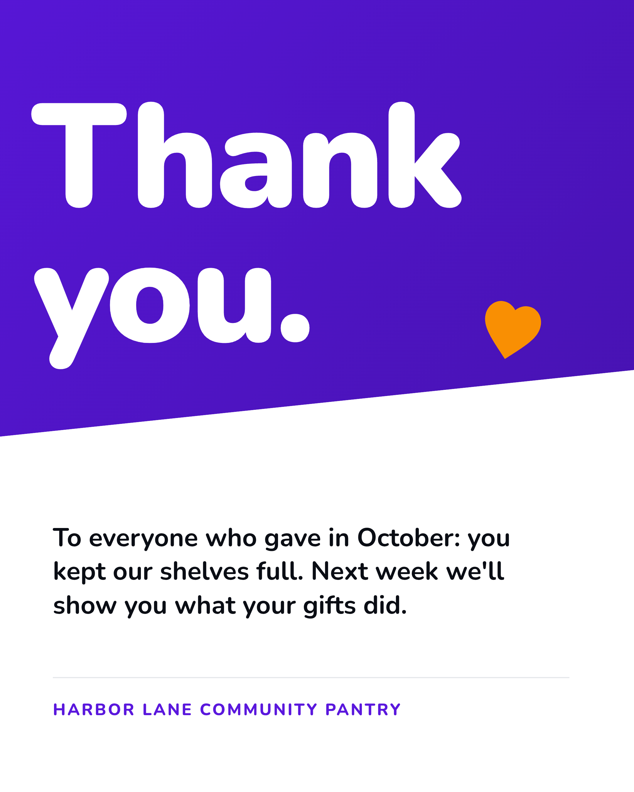 Example made in Krumzi for a made-up organization (Harbor Lane Community Pantry is not real): a donor thank-you post