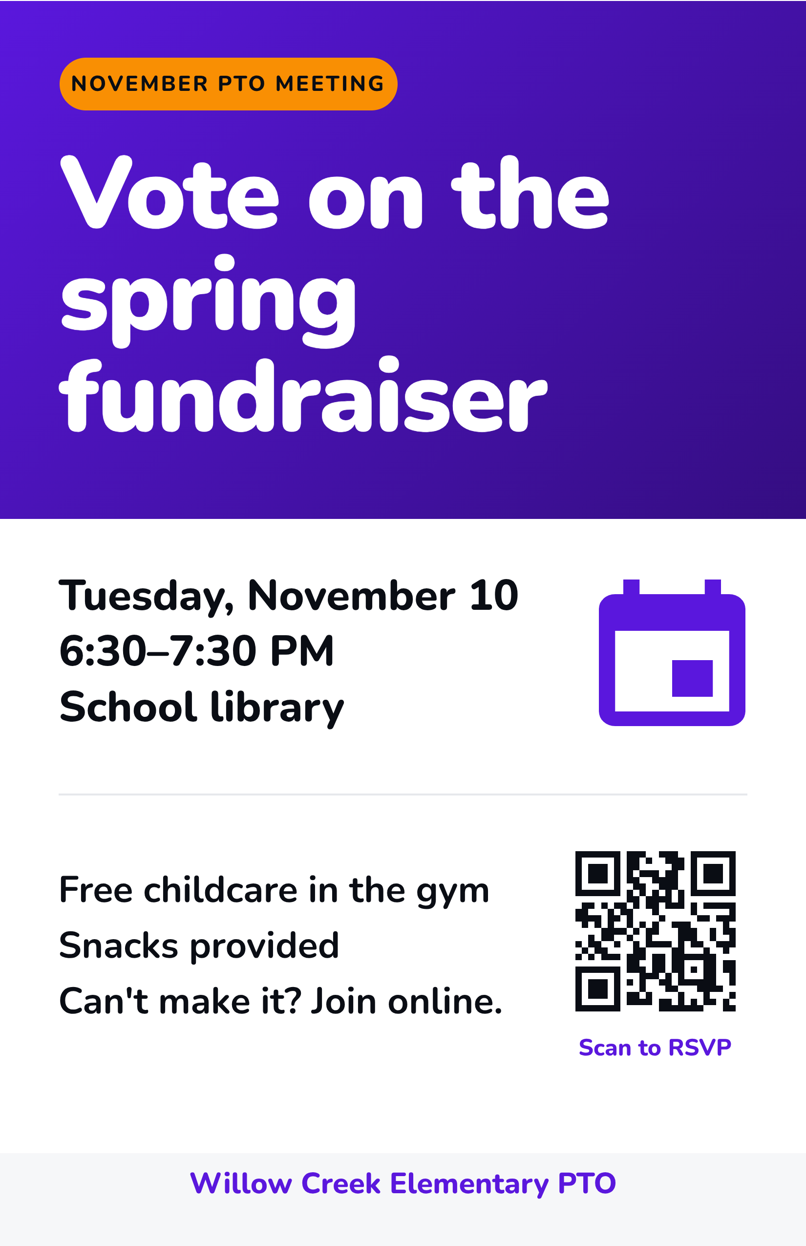 Example made in Krumzi for a made-up school group (Willow Creek Elementary PTO is not real): a Half Letter meeting flyer with a QR code to RSVP