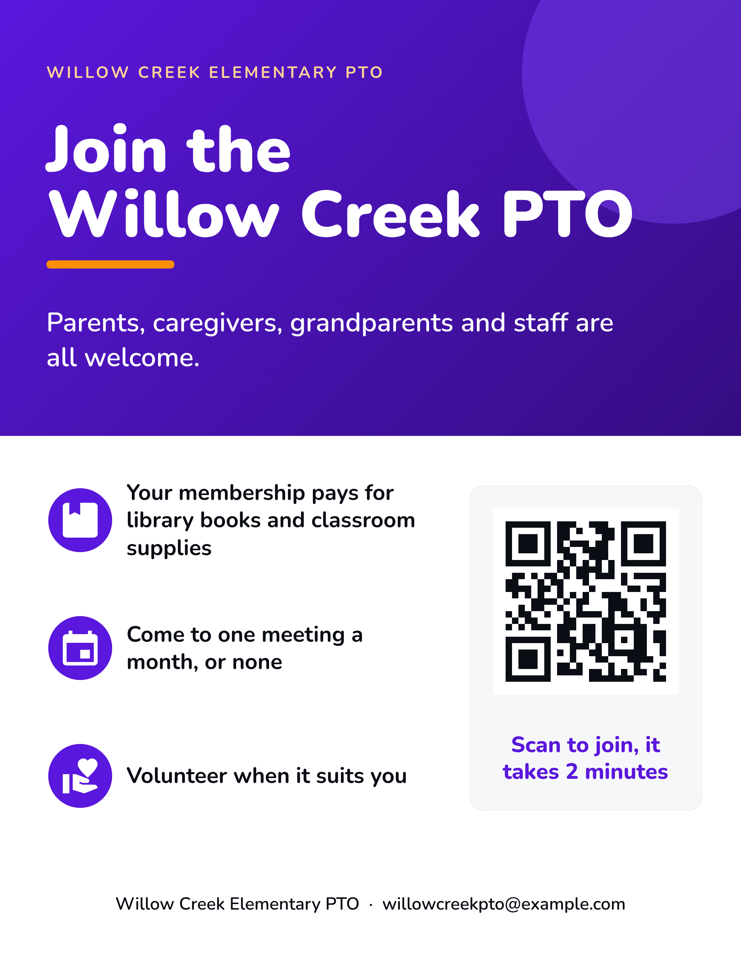 Example made in Krumzi for a made-up school group (Willow Creek Elementary PTO is not real): a US Letter join flyer with a QR code to the join page