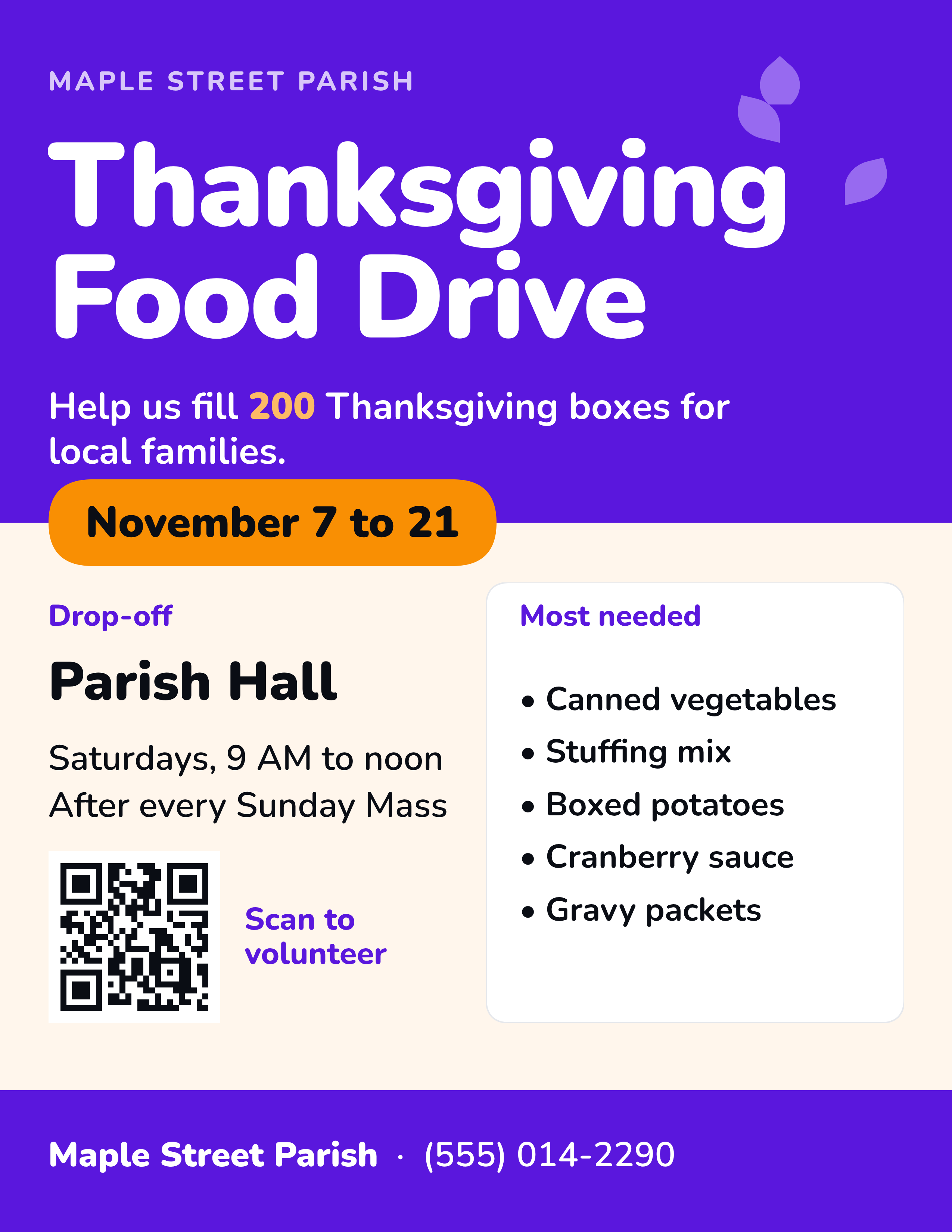 Example Thanksgiving food drive flyer for a made-up parish, made with Krumzi
