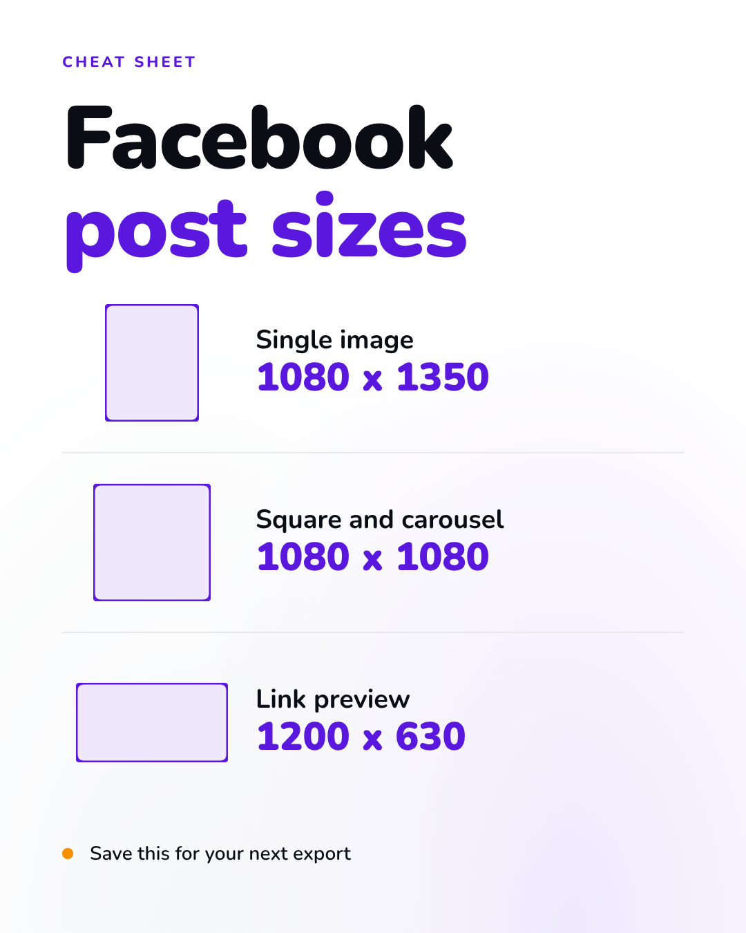 A 1080 x 1350 Facebook post designed in Krumzi from a one-line brief: a cheat sheet of Facebook post sizes
