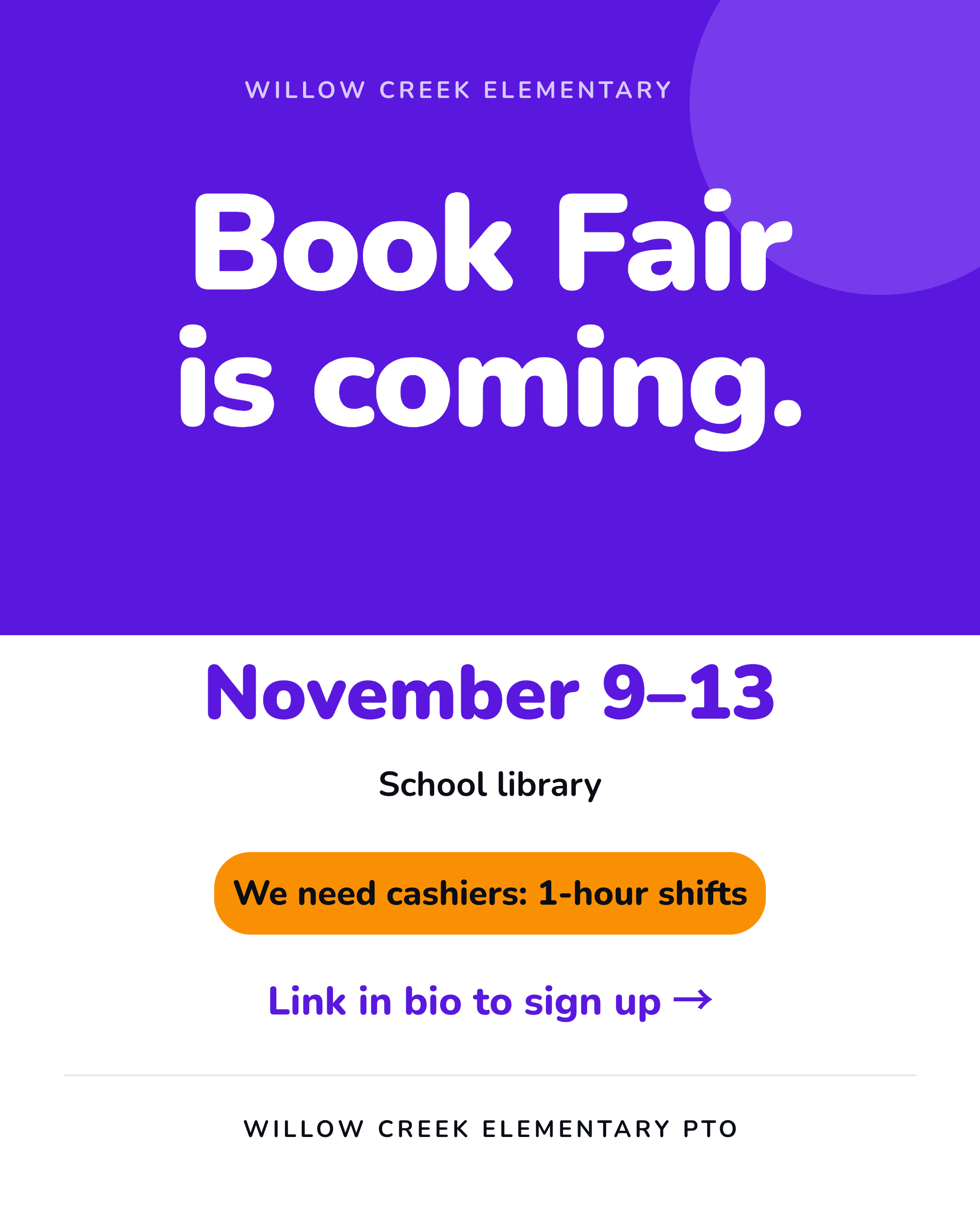 Example made in Krumzi for a made-up school group (Willow Creek Elementary PTO is not real): the matching social post for the book fair volunteer ask