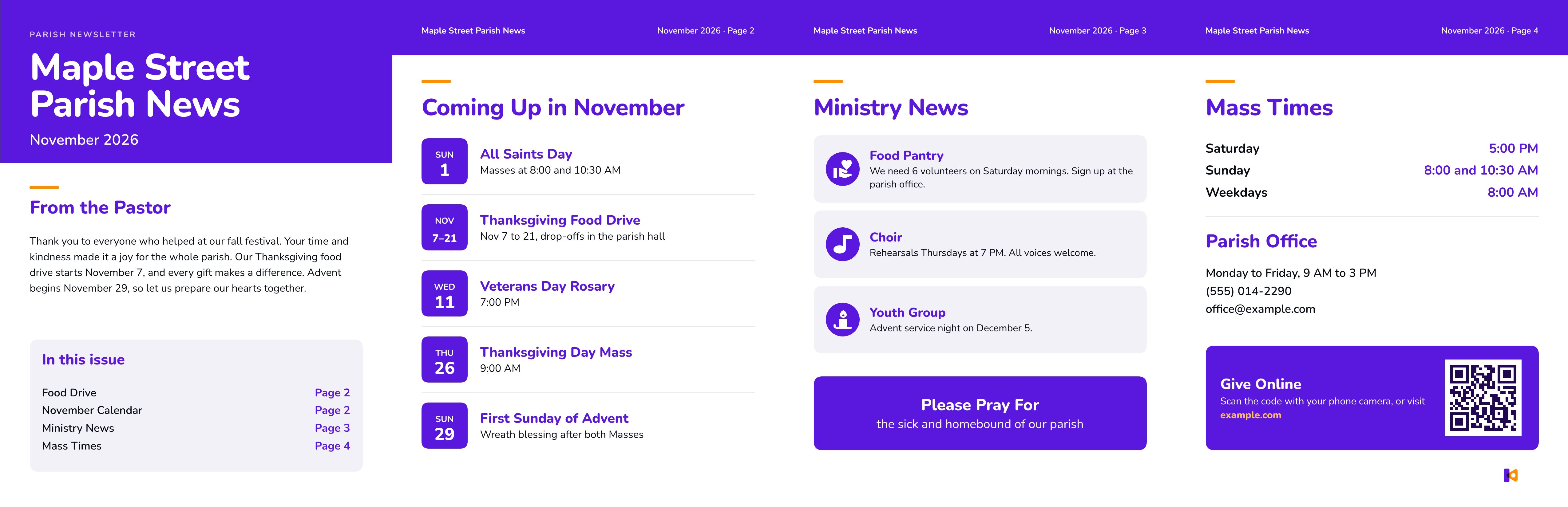 Example four-page parish newsletter made with Krumzi: cover, November calendar, ministry news and back page with Mass times