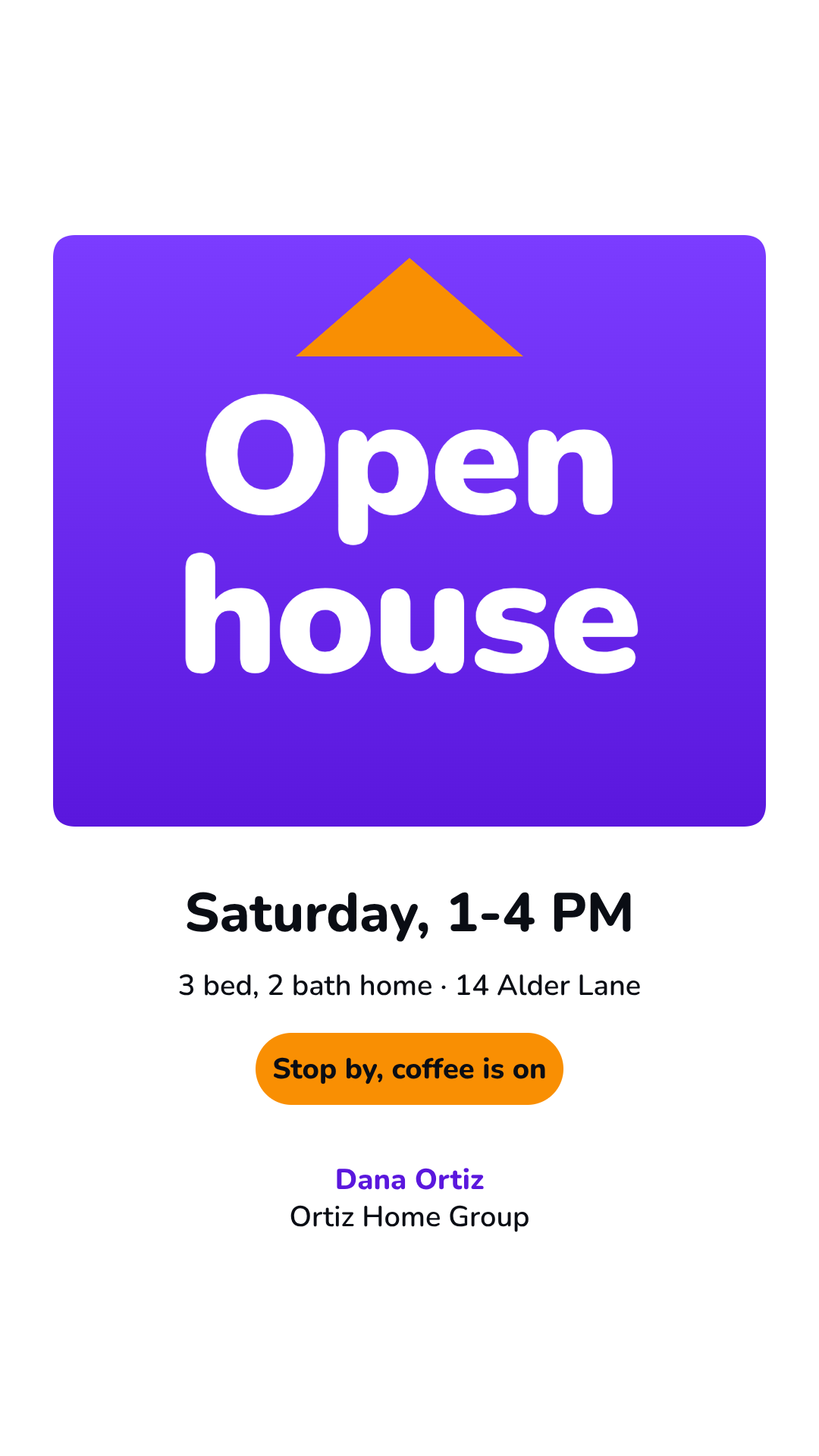 Example made in Krumzi for a made-up agent (Dana Ortiz and 14 Alder Lane are not real): an open house social media post as an Instagram Story